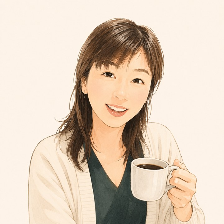 コーヒーカップを持って笑う金子よしえのイラスト